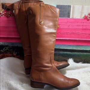 Sam Edelman Tall/Knee Leather Boots Tan Low Heel Back Zipper/Snap Sz 7